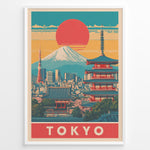 Indlæs billede til gallerivisning Japanske plakater | Retro-style Tokyo poster showing Mount Fuji, Tokyo Tower, and a traditional red pagoda with a large red sun setting over a colorful cityscape.
