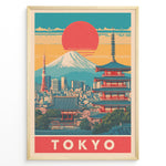 Indlæs billede til gallerivisning Japanske plakater | Retro-style Tokyo poster showing Mount Fuji, Tokyo Tower, and a traditional red pagoda with a large red sun setting over a colorful cityscape.
