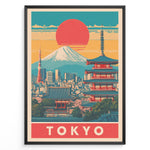 Indlæs billede til gallerivisning Japanske plakater | Retro-style Tokyo poster showing Mount Fuji, Tokyo Tower, and a traditional red pagoda with a large red sun setting over a colorful cityscape.
