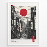 Indlæs billede til gallerivisning Japanske plakater | Stylized black and gray illustration of a Tokyo street with buildings, power lines, and Japanese signs, featuring a large red sun in the sky.
