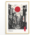 Indlæs billede til gallerivisning Japanske plakater | Stylized black and gray illustration of a Tokyo street with buildings, power lines, and Japanese signs, featuring a large red sun in the sky.
