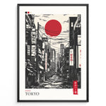 Indlæs billede til gallerivisning Japanske plakater | Stylized black and gray illustration of a Tokyo street with buildings, power lines, and Japanese signs, featuring a large red sun in the sky.
