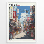 Indlæs billede til gallerivisning Japanske plakater | Retro-style poster of a colorful Tokyo street scene from 1988, showing restaurants, shop signs, and power lines under a blue sky with clouds.
