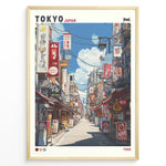 Indlæs billede til gallerivisning Japanske plakater | Retro-style poster of a colorful Tokyo street scene from 1988, showing restaurants, shop signs, and power lines under a blue sky with clouds.
