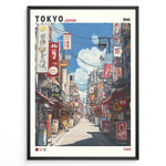 Indlæs billede til gallerivisning Japanske plakater | Retro-style poster of a colorful Tokyo street scene from 1988, showing restaurants, shop signs, and power lines under a blue sky with clouds.
