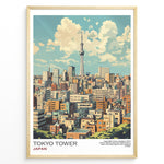 Indlæs billede til gallerivisning Japanske plakater | Illustrated poster of Tokyo&#39;s skyline with Tokyo Skytree in the background, framed artwork titled &quot;Tokyo Tower Japan&quot; featuring colorful buildings under a partly cloudy sky.

