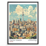 Indlæs billede til gallerivisning Japanske plakater | Illustrated poster of Tokyo&#39;s skyline with Tokyo Skytree in the background, framed artwork titled &quot;Tokyo Tower Japan&quot; featuring colorful buildings under a partly cloudy sky.
