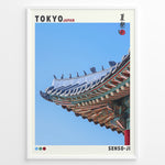 Indlæs billede til gallerivisning Japanske plakater | Close-up of the colorful and ornate roof of Senso-ji temple in Tokyo, Japan, with traditional Japanese roof tiles and blue sky background.
