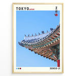 Indlæs billede til gallerivisning Japanske plakater | Close-up of the colorful and ornate roof of Senso-ji temple in Tokyo, Japan, with traditional Japanese roof tiles and blue sky background.
