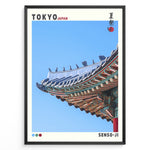 Indlæs billede til gallerivisning Japanske plakater | Close-up of the colorful and ornate roof of Senso-ji temple in Tokyo, Japan, with traditional Japanese roof tiles and blue sky background.
