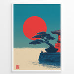 Indlæs billede til gallerivisning Japanske plakater | Poster of a Japanese temple with a bonsai tree and a person sitting near the water, with a large red sun setting against a blue-green sky.
