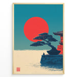 Indlæs billede til gallerivisning Japanske plakater | Poster of a Japanese temple with a bonsai tree and a person sitting near the water, with a large red sun setting against a blue-green sky.

