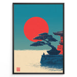 Indlæs billede til gallerivisning Japanske plakater | Poster of a Japanese temple with a bonsai tree and a person sitting near the water, with a large red sun setting against a blue-green sky.
