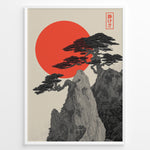 Indlæs billede til gallerivisning Japanske plakater | Minimalist Japanese-style artwork featuring detailed black trees on rocky cliffs with a large red sun in the background and a red kanji stamp symbolizing tranquility.
