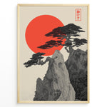 Indlæs billede til gallerivisning Japanske plakater | Minimalist Japanese-style artwork featuring detailed black trees on rocky cliffs with a large red sun in the background and a red kanji stamp symbolizing tranquility.
