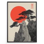 Indlæs billede til gallerivisning Japanske plakater | Minimalist Japanese-style artwork featuring detailed black trees on rocky cliffs with a large red sun in the background and a red kanji stamp symbolizing tranquility.
