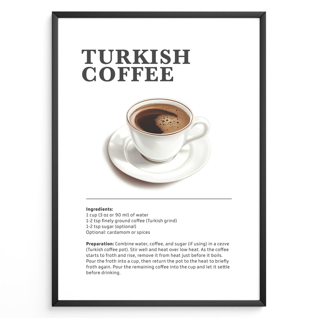 Minimalist illustration of traditional Turkish coffee served in a white cup with a saucer.