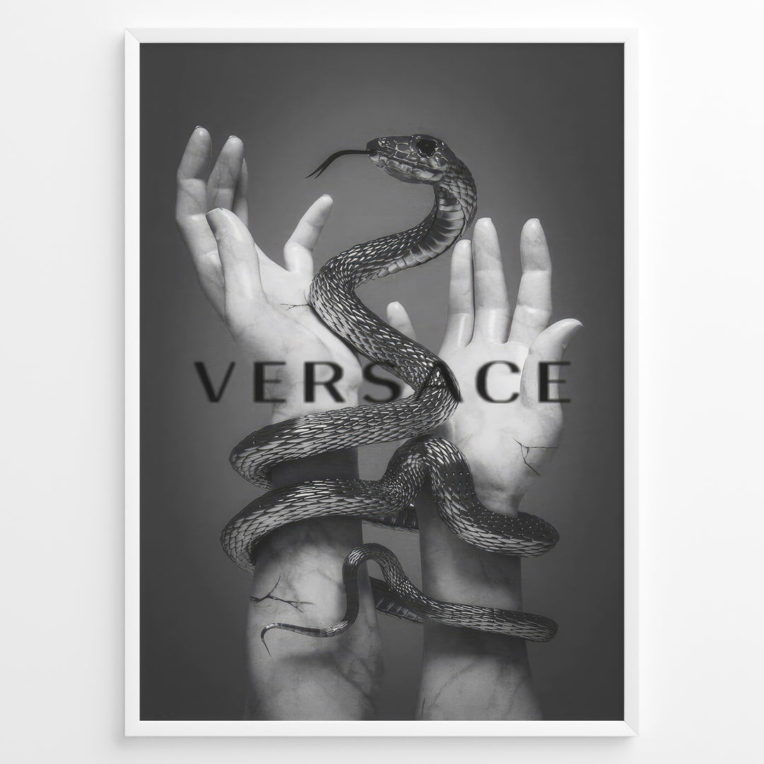 Fashion Plakat | Versace-Inspired Art Featuring Serpent and Marble Hands Plakaty.dk | Black-and-white image of a snake wrapped around two upward-reaching marble-textured hands, with the word "VERSACE" overlaid in bold, semi-blurred text.
