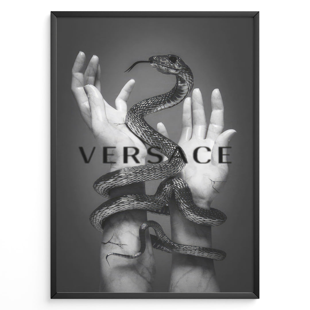 Fashion Plakat | Versace-Inspired Art Featuring Serpent and Marble Hands Plakaty.dk | Black-and-white image of a snake wrapped around two upward-reaching marble-textured hands, with the word "VERSACE" overlaid in bold, semi-blurred text.