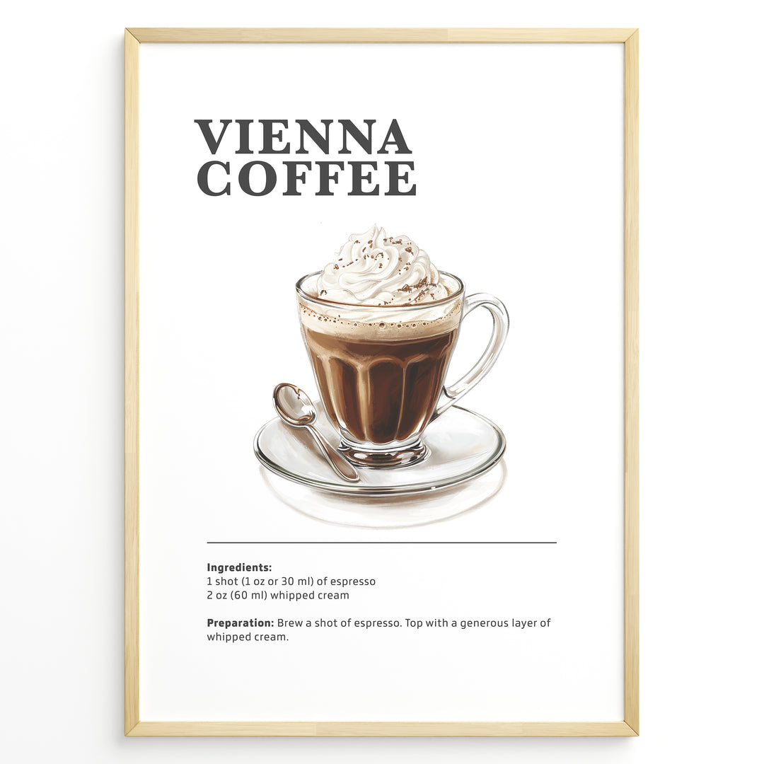 Illustration of a Vienna coffee in a glass cup topped with whipped cream on a saucer.