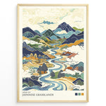 Indlæs billede til gallerivisning Japanske plakater | Stylized illustration of Japanese grasslands featuring a winding river, rolling hills, distant mountains, and rural scenery in traditional Japanese art style with earthy tones.

