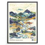 Indlæs billede til gallerivisning Japanske plakater | Stylized illustration of Japanese grasslands featuring a winding river, rolling hills, distant mountains, and rural scenery in traditional Japanese art style with earthy tones.

