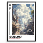 Indlæs billede til gallerivisning Japanske plakater | Vintage-style poster of a 1944 Tokyo street with retro cars, traditional Japanese buildings, and power lines under a sky filled with large clouds.
