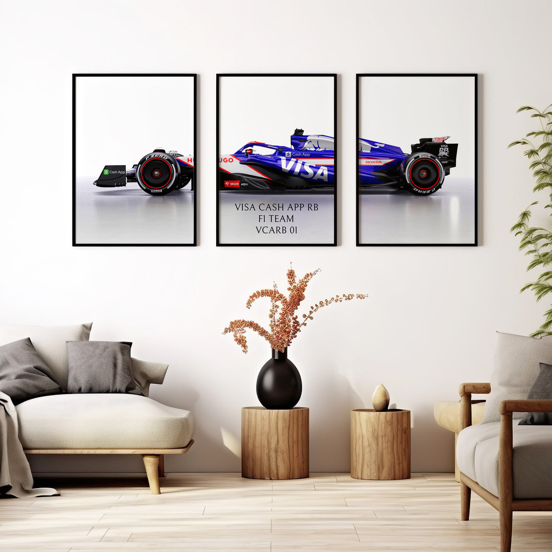 Triptych wall art plakat of the Visa Cash App RB F1 Team VCARB 01 Formula 1 car displayed in a stylish living room with black leather furniture and modern décor.