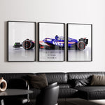 Indlæs billede til gallerivisning Triptych wall art plakat of the Visa Cash App RB F1 Team VCARB 01 Formula 1 car displayed in a stylish living room with black leather furniture and modern décor.
