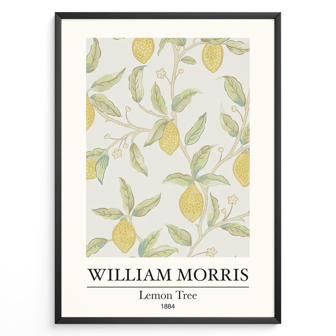 Framed William Morris Lemon Tree 1884 botanical art print plakat with yellow lemons and green leaves on a light background.
