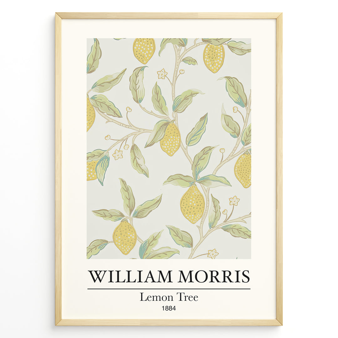 Framed William Morris Lemon Tree 1884 botanical art print plakat with yellow lemons and green leaves on a light background.