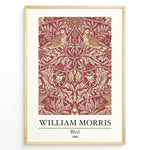 Indlæs billede til gallerivisning Framed William Morris Bird 1869 art print plakat showing two birds among detailed floral and leaf patterns on a red background.
