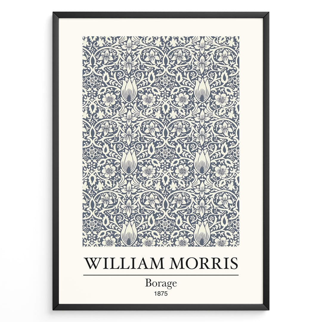 Framed William Morris Borage 1875 art print plakat featuring detailed navy floral and leaf patterns on a cream background.