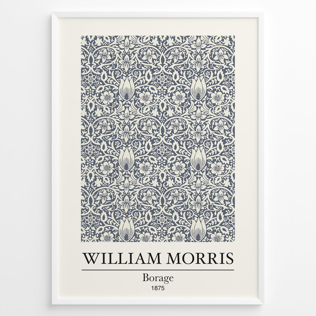 Framed William Morris Borage 1875 art print plakat featuring detailed navy floral and leaf patterns on a cream background.