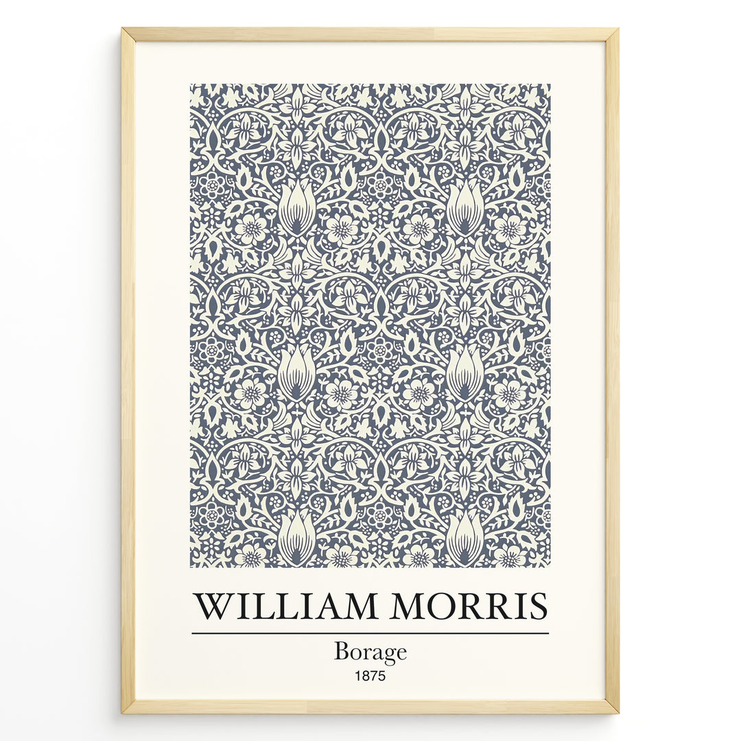 Framed William Morris Borage 1875 art print plakat featuring detailed navy floral and leaf patterns on a cream background.