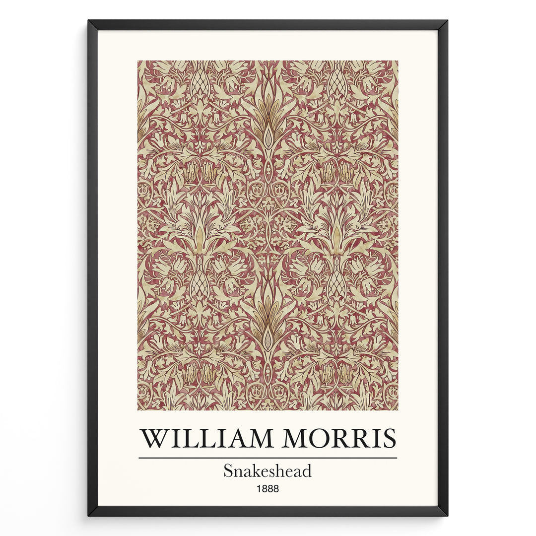 Framed William Morris Snakeshead 1888 art print plakat with detailed floral and leaf patterns in red and beige tones.
