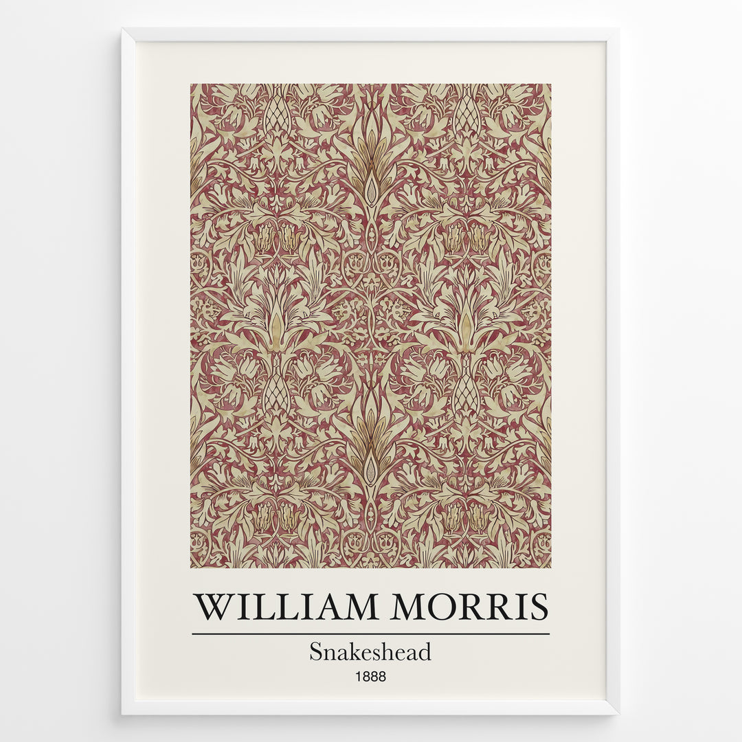 Framed William Morris Snakeshead 1888 art print plakat with detailed floral and leaf patterns in red and beige tones.