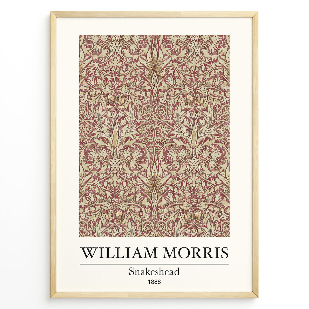 Framed William Morris Snakeshead 1888 art print plakat with detailed floral and leaf patterns in red and beige tones.