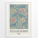 Indlæs billede til gallerivisning Framed William Morris Bower 1881 art print plakat with detailed blue, pink, and cream floral botanical pattern.
