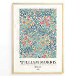 Indlæs billede til gallerivisning Framed William Morris Bower 1881 art print plakat with detailed blue, pink, and cream floral botanical pattern.
