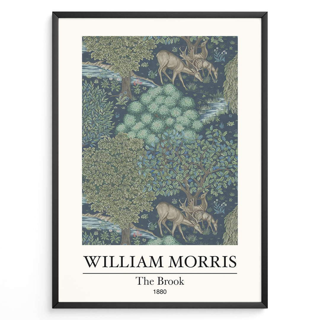 Framed William Morris The Brook 1880 art print plakat showing deer among trees and a flowing stream in a detailed woodland design.