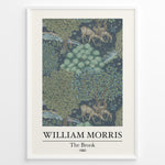 Indlæs billede til gallerivisning Framed William Morris The Brook 1880 art print plakat showing deer among trees and a flowing stream in a detailed woodland design.
