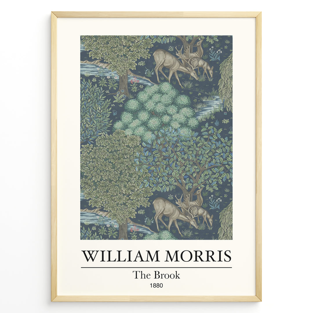 Framed William Morris The Brook 1880 art print plakat showing deer among trees and a flowing stream in a detailed woodland design.