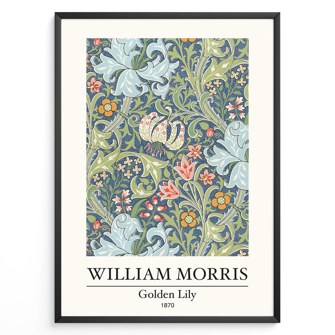 Framed William Morris Golden Lily 1870 art print plakat with detailed floral design in blue, green, and red tones.