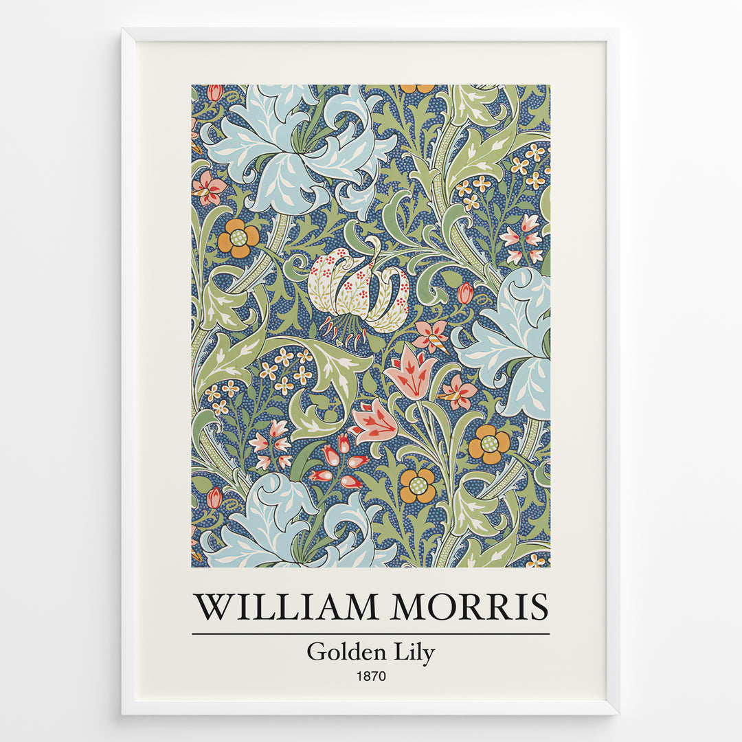 Framed William Morris Golden Lily 1870 art print plakat with detailed floral design in blue, green, and red tones.