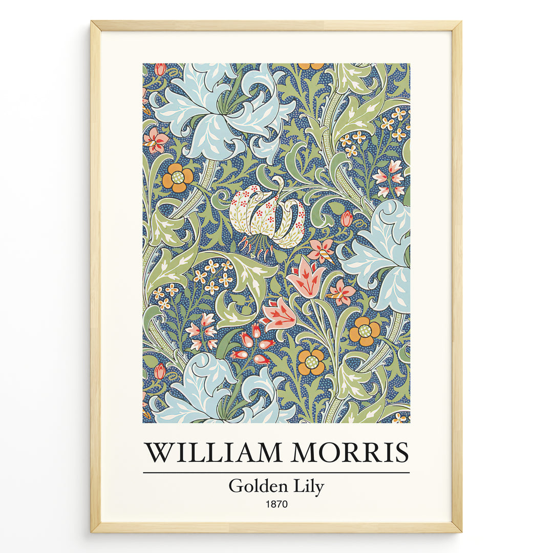 Framed William Morris Golden Lily 1870 art print plakat with detailed floral design in blue, green, and red tones.