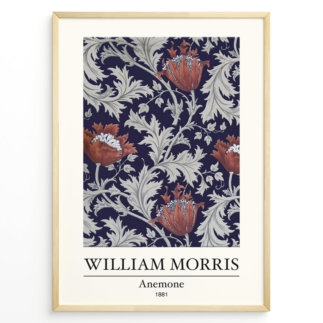 Framed William Morris Anemone 1881 art print plakat with red anemone flowers and grey foliage on a navy background.