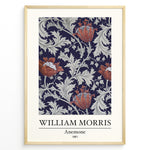 Indlæs billede til gallerivisning Framed William Morris Anemone 1881 art print plakat with red anemone flowers and grey foliage on a navy background.
