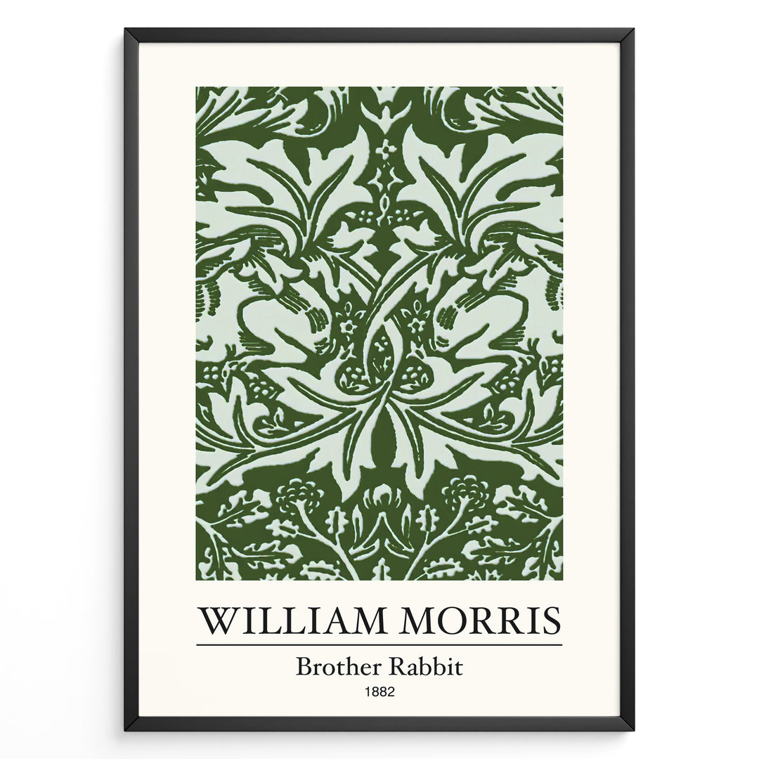 Framed William Morris Brother Rabbit 1882 art print plakat with detailed green foliage and rabbit pattern on a pale background.