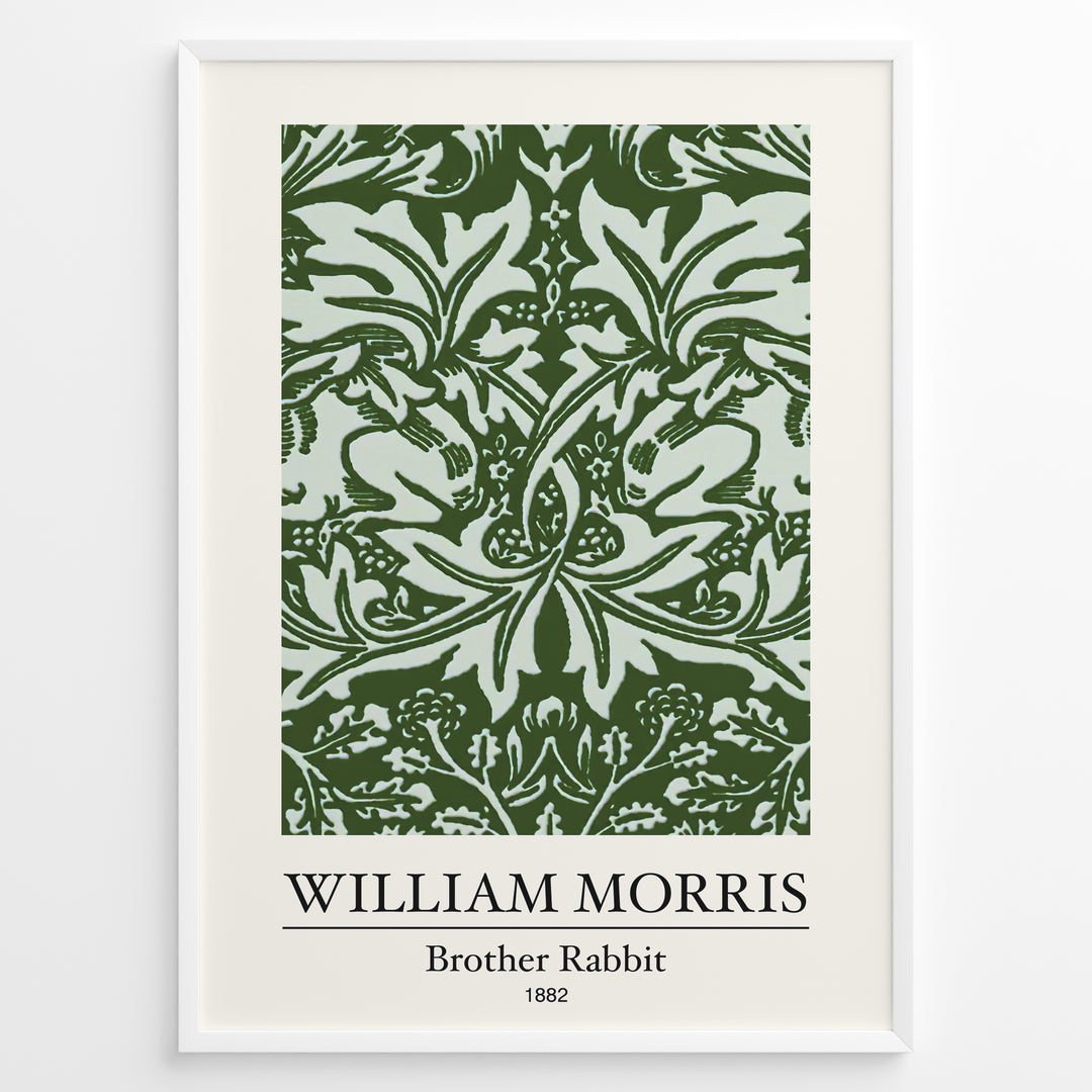 Framed William Morris Brother Rabbit 1882 art print plakat with detailed green foliage and rabbit pattern on a pale background.